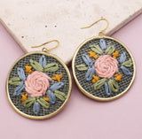 Grey Floral Cross Stitch Gold Earrings