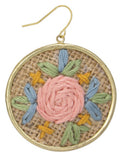 Tan Floral Cross Stitch Gold Earrings