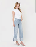 Vertical Striped Wide Leg Cuffed Jeans