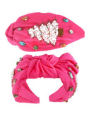 Beaded and Jeweled Christmas Tree Top Knot Headband- Hot Pink or Red