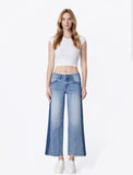 Mid Rise Frayed Hem Contrast Panel Crop Wide Leg Jeans