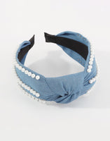 Pearl Beaded Denim Top Knot Headband 2 Colors