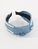 Pearl Beaded Denim Top Knot Headband 2 Colors