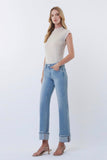 Mid Rise Medium Light Cuffed Wide Jeans