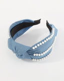 Pearl Beaded Denim Top Knot Headband 2 Colors