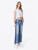 Mid Rise Frayed Hem Contrast Panel Crop Wide Leg Jeans