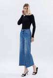 High Rise Raw Hem Wide Leg Ankle Jeans Medium Wash- 28” Inseam