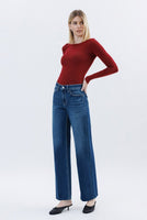 High Rise Raw Hem Slim Wide Jeans