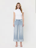 Vertical Striped Wide Leg Cuffed Jeans