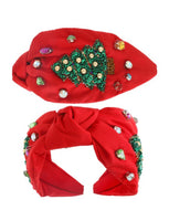 Beaded and Jeweled Christmas Tree Top Knot Headband- Hot Pink or Red