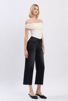 High Rise Clean Cut Raw Hem Crop Slim Wide Black Jeans