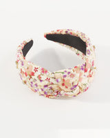 Floral Print Pearl and Rhinestone Knotted Headband Cream