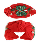 Christmas Bow Beaded Top Knot Headband- White and Red