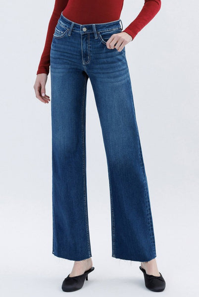 High Rise Raw Hem Slim Wide Jeans