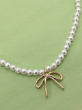 Pearl Chain Bow Charm Necklace