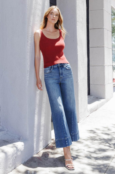 High Rise Trouser Hem Pin Tuck Ankle Wide Jeans