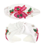 Christmas Bow Beaded Top Knot Headband- White and Red