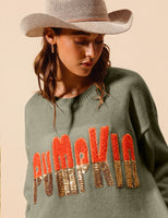 Fuzzy and Sequin Letter Pumpkin Sweater Olive