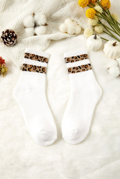 Leopard Striped Detail Ribbed Cuffs Womens Socks