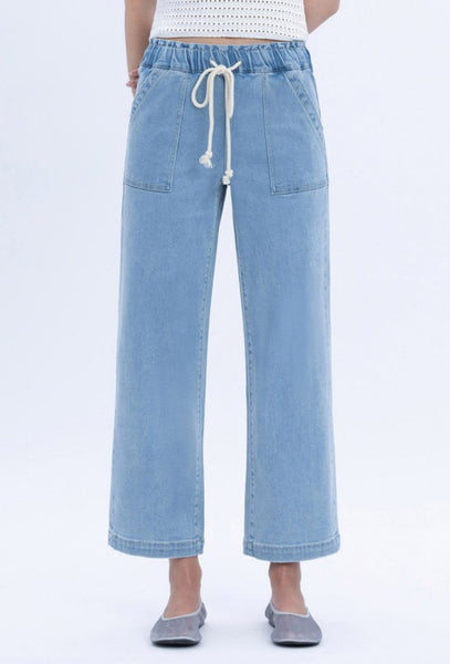High Rise Elastic Waistband Slim Wide Jeans