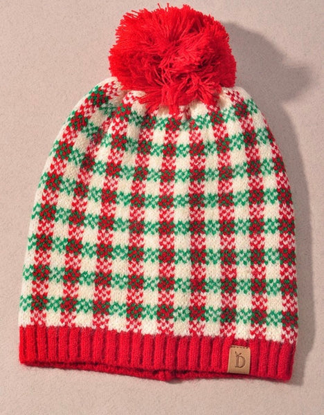 Checkered Holiday Beanie with Pom- 3 Colors