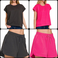Scuba Knit Shorts and Short Sleeve Top Sets- Black or Fuchsia