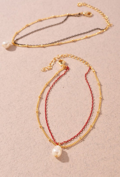 Pearl Bead Layered Bracelet- Red or Black