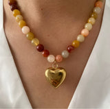 Multi Earthy Natural Stone Heart Charm Necklace