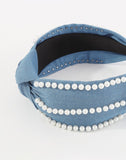 Pearl Beaded Denim Top Knot Headband 2 Colors