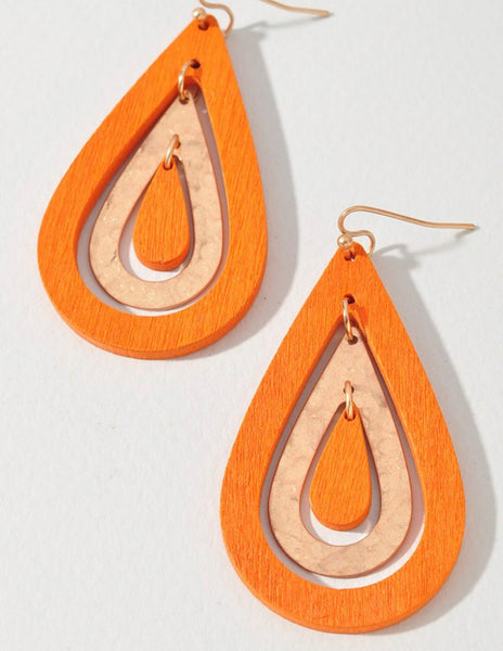 Triple Layered Wood Teardrop Earrings- Pumpkin