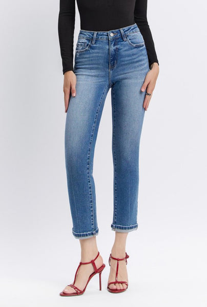 High Rise Cuffed Slim Straight Jeans