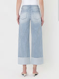 Vertical Striped Wide Leg Cuffed Jeans