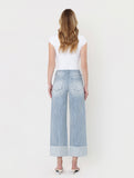 Vertical Striped Wide Leg Cuffed Jeans