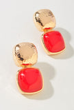 Hammered Metal Square Stone Earrings Red