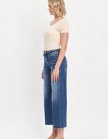 High Rise Wide Leg Raw Hem Cropped Dark Wash Jeans