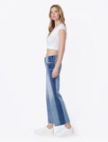 Mid Rise Frayed Hem Contrast Panel Crop Wide Leg Jeans