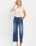 High Rise Wide Leg Raw Hem Cropped Dark Wash Jeans