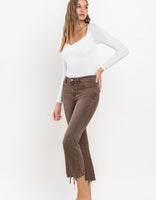 High Rise Distressed Hem Cropped Flare- Brown
