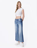 Mid Rise Frayed Hem Contrast Panel Crop Wide Leg Jeans