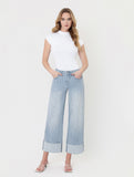 Vertical Striped Wide Leg Cuffed Jeans