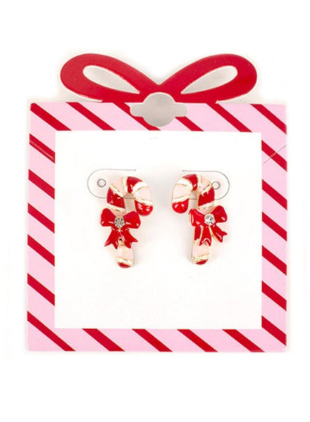 Candy Cane Enamel Post Earrings- Red