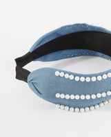 Pearl Beaded Denim Top Knot Headband 2 Colors