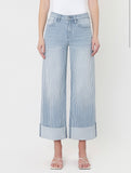 Vertical Striped Wide Leg Cuffed Jeans