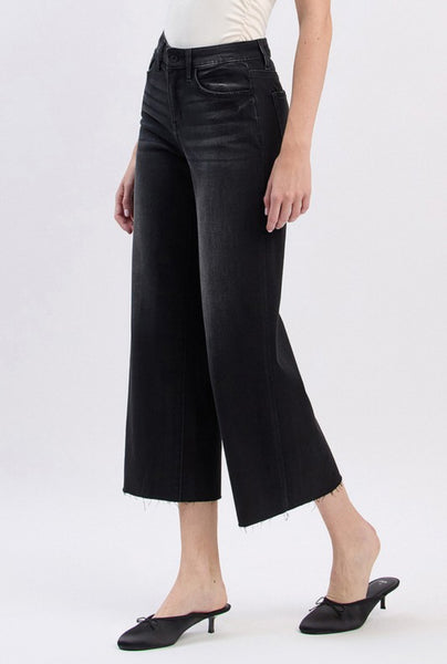 High Rise Clean Cut Raw Hem Crop Slim Wide Black Jeans
