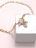 Gold Pearl With Heart Charm Toggle Short Necklace