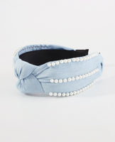 Pearl Beaded Denim Top Knot Headband 2 Colors