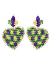 Fleur De Lis Heart Mardi Gras Beaded Earrings