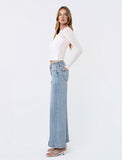 Mid Rise Seam Detail W Front Slit Hem Wide Jeans