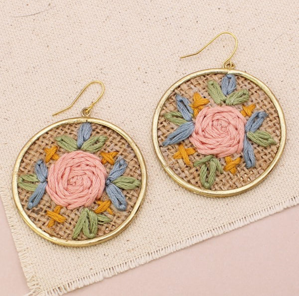 Tan Floral Cross Stitch Gold Earrings
