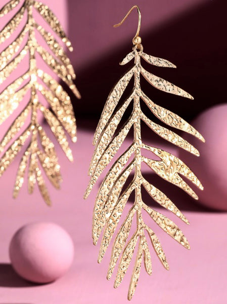 Textured Dangle Leaf Gold Earrings